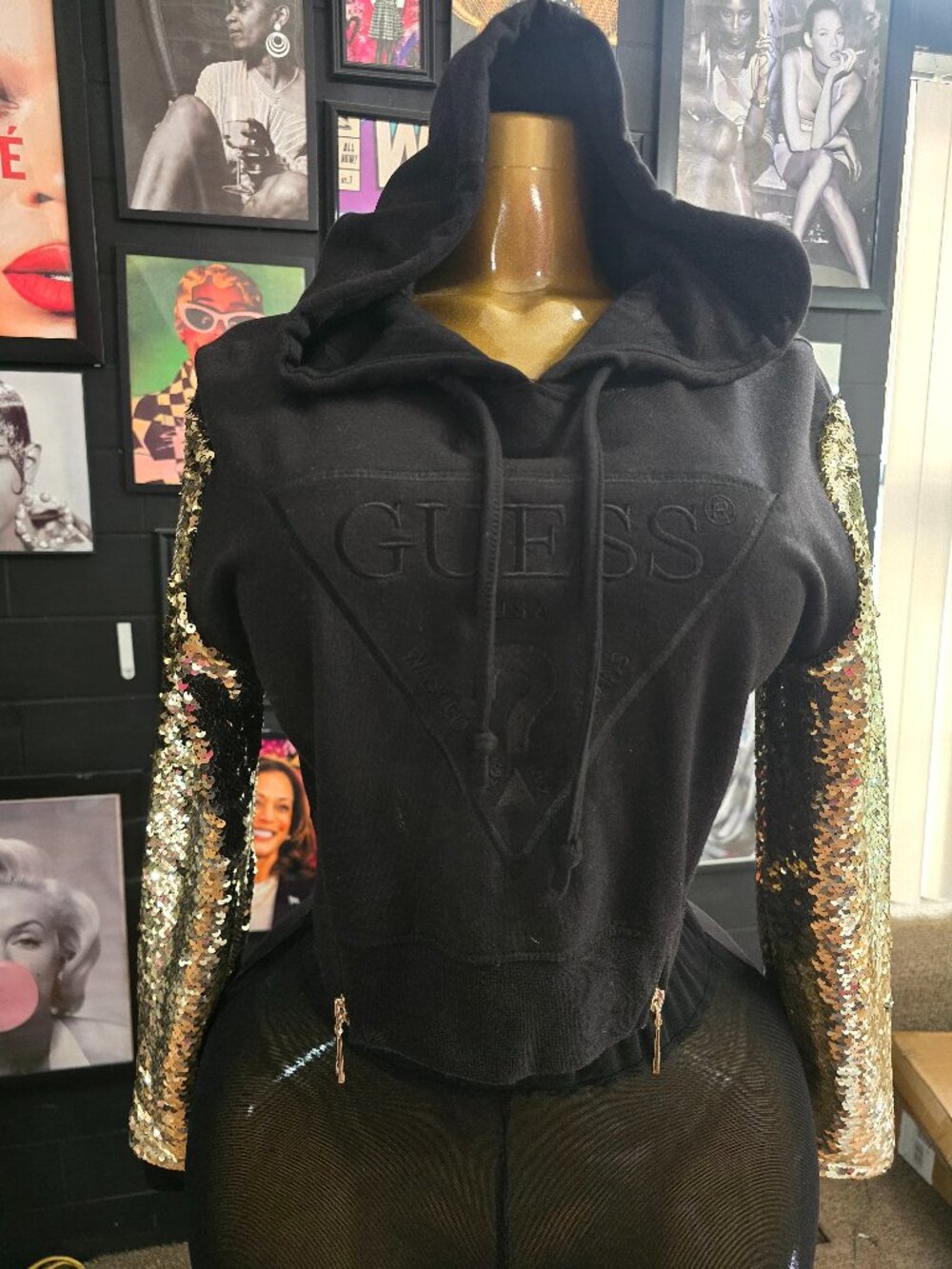 NEW GUESS Black Corset Hooded Top